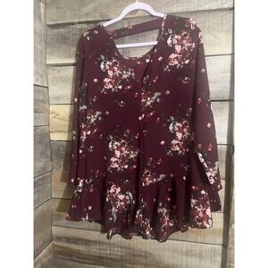ALLTARD STATE Floral Print Burgundy Long Sleeve Ruffle Hem Dress Size M